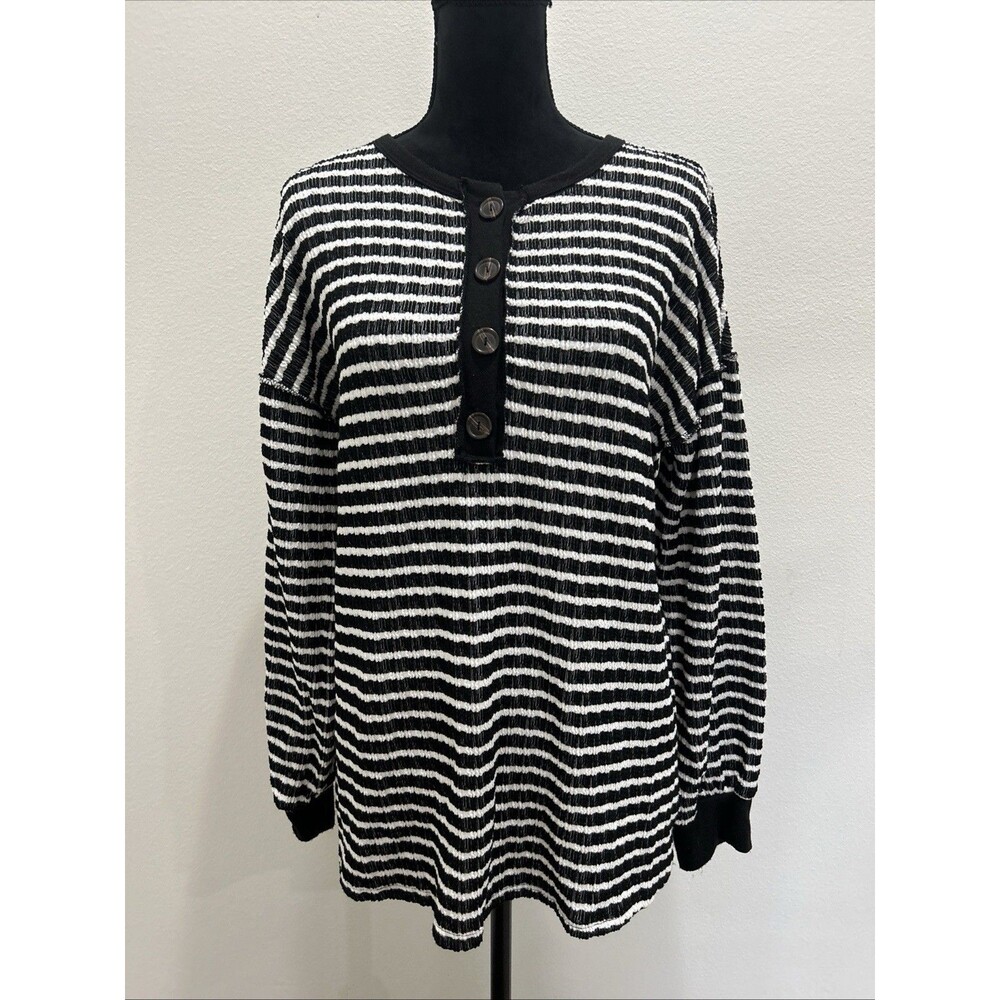 Heimish USA Womens M Top Black White Striped Henley Long Sleeve Pullover